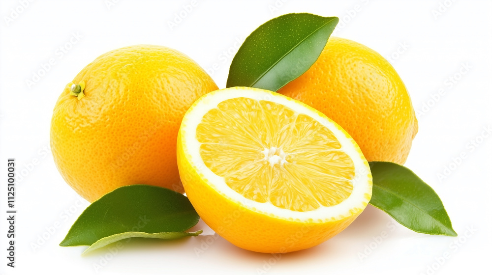 A lemon is cut in half and has a green leaf on top A lemon is cut in half and has a green leaf on top