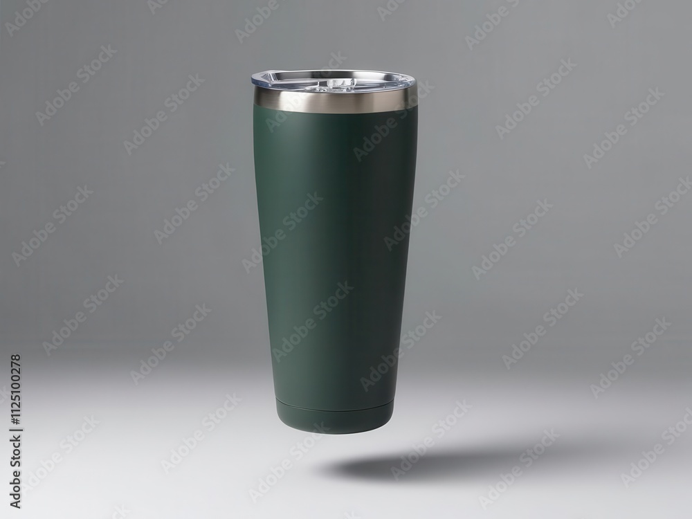 A stylish green tumbler is elevated against a minimalistic background, perfect for coffee or cold beverages. A stylish green tumbler is elevated against a minimalistic background, perfect for coffee or cold beverages.