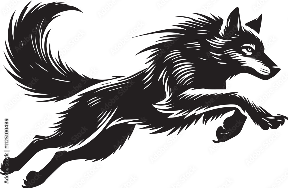 A wolf sprinting mid leap with its tail streaming behind claws extended vector silhouette A wolf sprinting mid leap with its tail streaming behind claws extended vector silhouette
