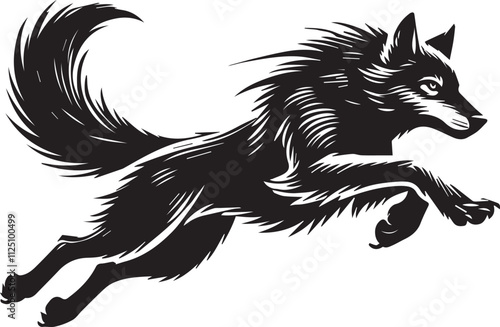 A wolf sprinting mid leap with its tail streaming behind claws extended vector silhouette