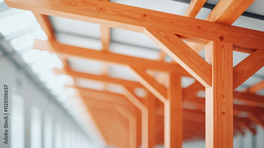 Hardwood durability structure concept. Wooden structure with orange beams creates a modern, minimalist aesthetic in a bright interior space. Hardwood durability structure concept. Wooden structure with orange beams creates a modern, minimalist aesthetic in a bright interior space.