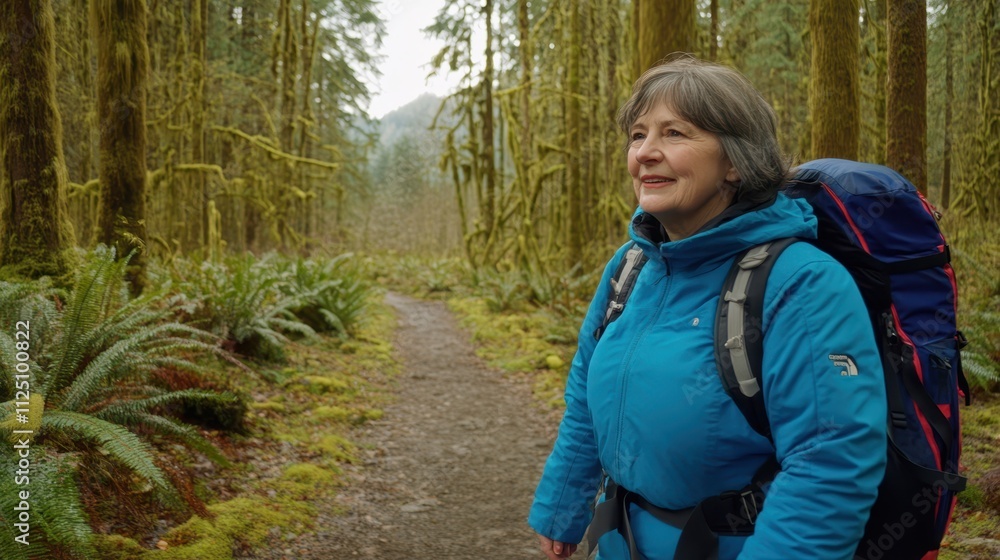 Smiling senior woman in a blue jacket with a backpack hiking through a lush green forest on a peaceful trail. Smiling senior woman in a blue jacket with a backpack hiking through a lush green forest on a peaceful trail.