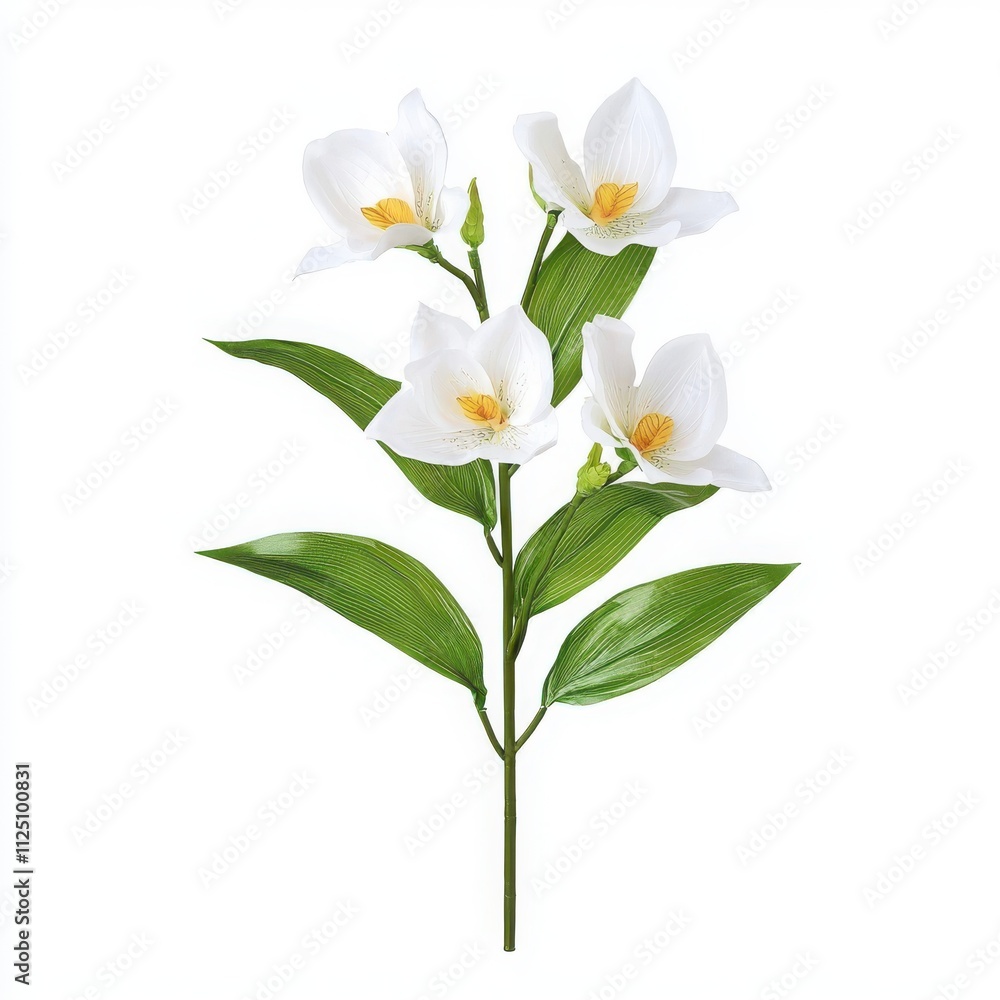 Obraz premium White orchid flowers with green leaves, isolated on a white background.