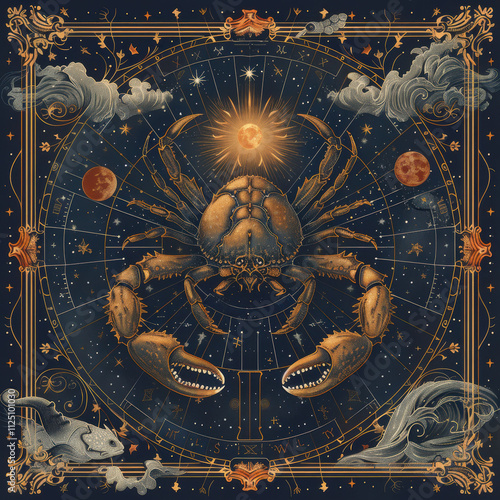 Celestial cancer zodiac sign with crab and astral elements in vintage design photo