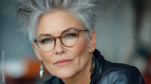 Elegant elderly woman with white hair smiling confidently at a business event in a modern conference setting. photo