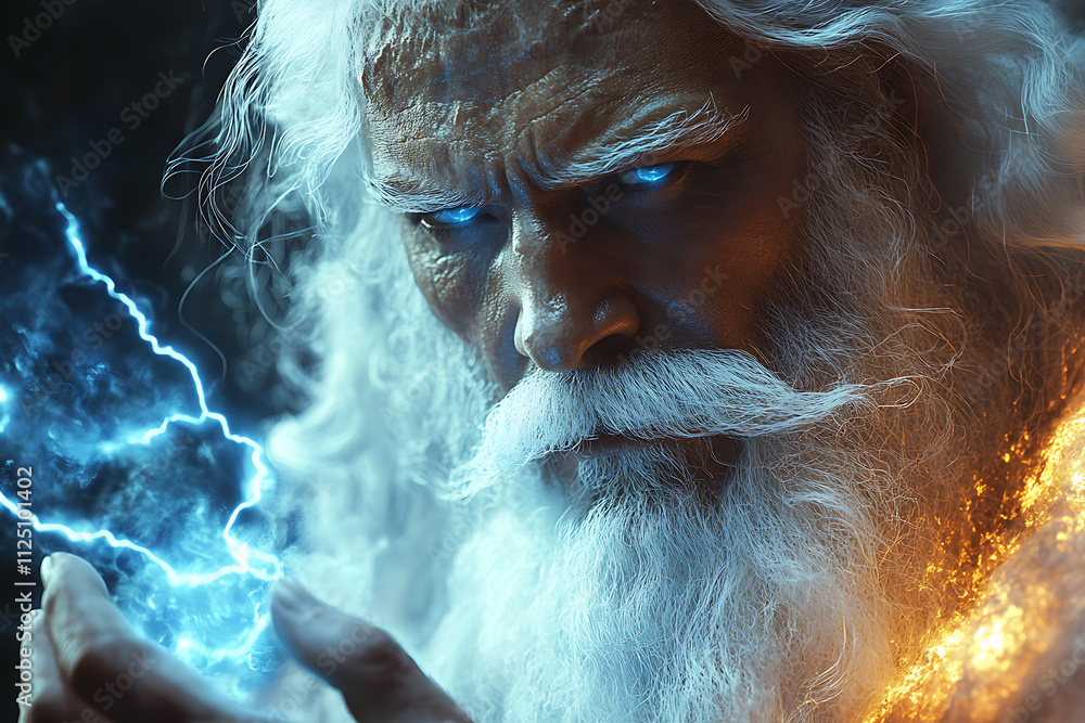 Fototapeta premium Zeus, the main Greek god, depicted with flowing white hair, holding blue lightning in his hand, radiating power as the god of thunder, lightning, and the sky