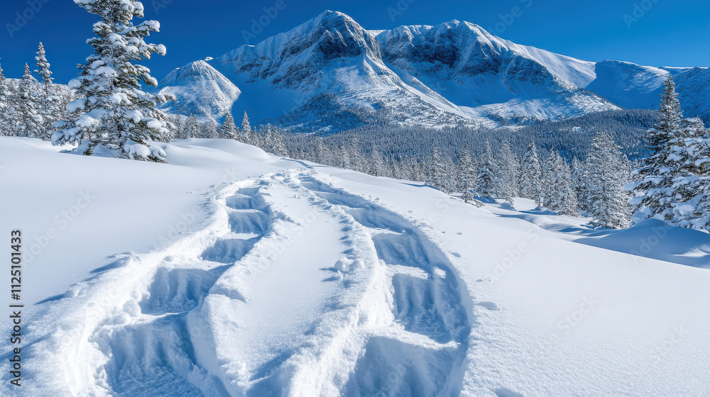 Obraz premium serene winter landscape featuring snow covered mountains and snowy path. bright blue sky contrasts beautifully with white snow, creating peaceful and inviting scene