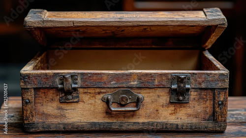 antique wooden box with open lid, showcasing its rustic charm and vintage appeal. Perfect for storage or decorative purposes, this box adds character to any space