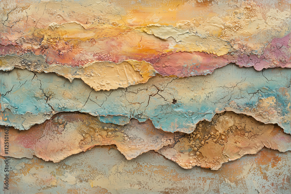 Textured abstract painting with layers of pastel colors and cracks, evoking sense of depth and natural beauty. warm hues blend harmoniously, creating serene atmosphere Textured abstract painting with layers of pastel colors and cracks, evoking sense of depth and natural beauty. warm hues blend harmoniously, creating serene atmosphere