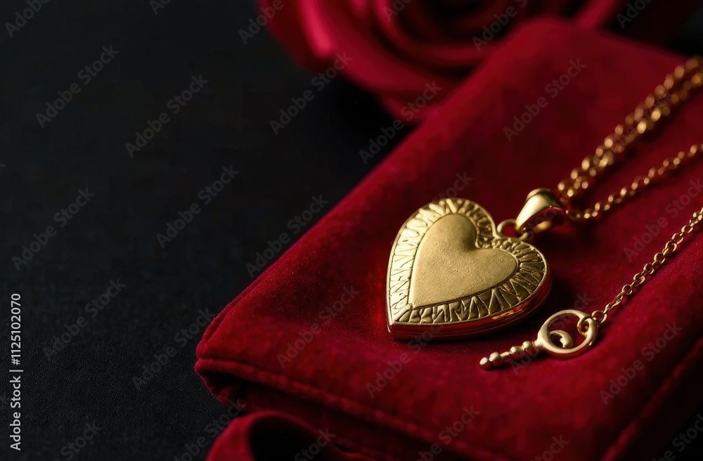 A romantic Valentine’s gift card featuring a golden locket and key lying on a plush red velvet fabric A romantic Valentine’s gift card featuring a golden locket and key lying on a plush red velvet fabric