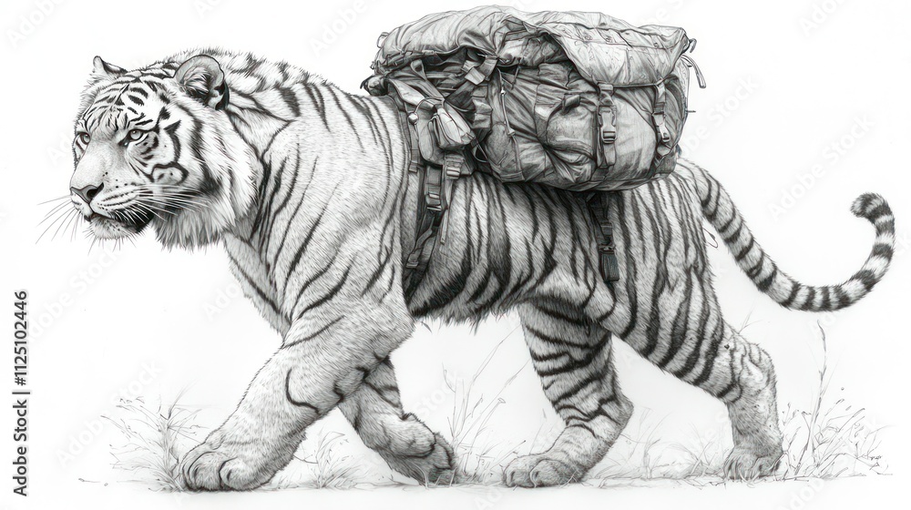 White tiger carrying a large backpack walking through tall grass. White tiger carrying a large backpack walking through tall grass.