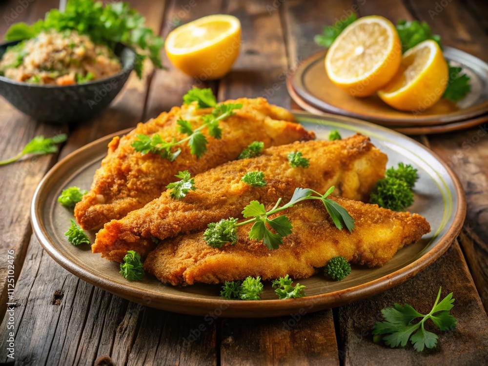 Crispy Golden-Brown Fried Catfish Fillets Served on a Plate with Lemon Wedges and Fresh Herbs, Showcasing Southern Culinary Delicacy and Deliciousness Crispy Golden-Brown Fried Catfish Fillets Served on a Plate with Lemon Wedges and Fresh Herbs, Showcasing Southern Culinary Delicacy and Deliciousness