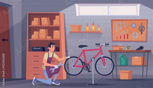 Bicycle workshop. Professional worker fixing damaged bicycles repair and correction wheels exact vector background