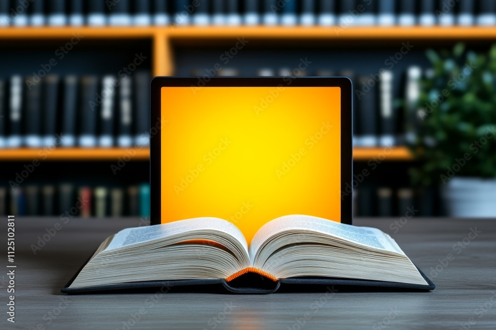 Fototapeta premium A dark library setting with an eerie ebook reader glowing in the dim light, showing cryptic, old-style font on its screen