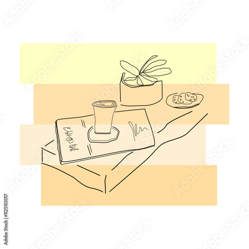 illustration of a cup of coffee with a newspapers and plant