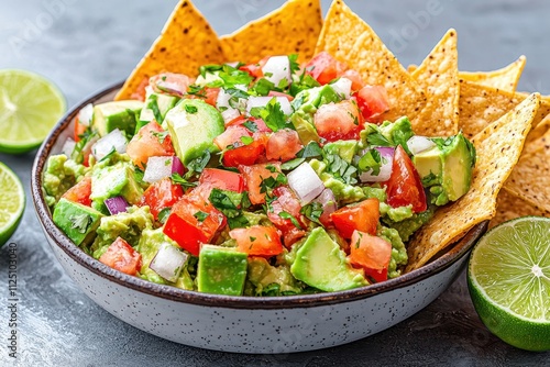 A vibrant bowl of guacamole served with crispy tortilla chips and garnished with fresh lime slices. photo