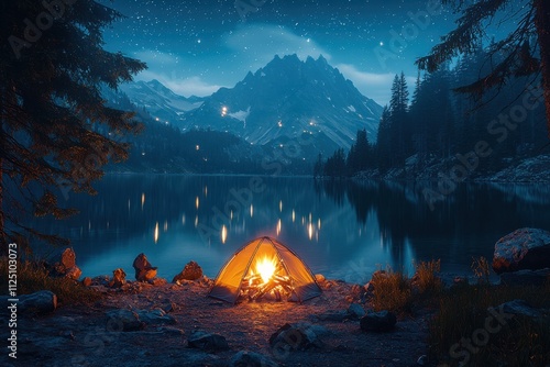 Camping under a starlit sky with a glowing campfire by a serene mountain lake at night in a peaceful natural setting. Generative AI photo