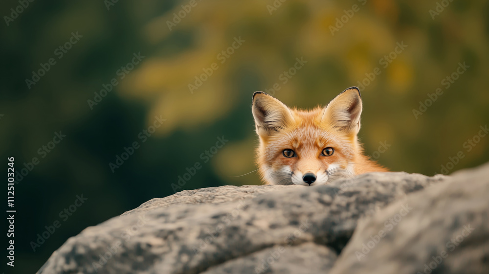 Fototapeta premium Curious red fox peeking over a rock in a natural setting