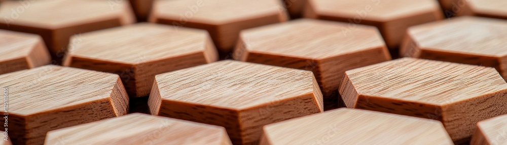 Hardwood durability structure concept. Close-up of hexagonal wooden tiles arranged in a pattern, showcasing their natural texture and craftsmanship. Hardwood durability structure concept. Close-up of hexagonal wooden tiles arranged in a pattern, showcasing their natural texture and craftsmanship.