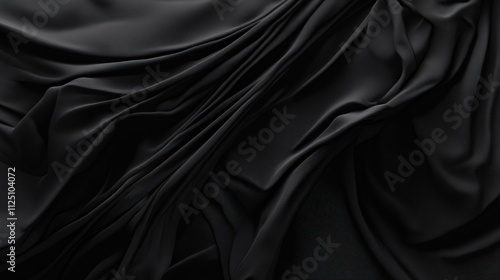 Elegant black silk fabric with a smooth and flowing texture in a gentle cascade.