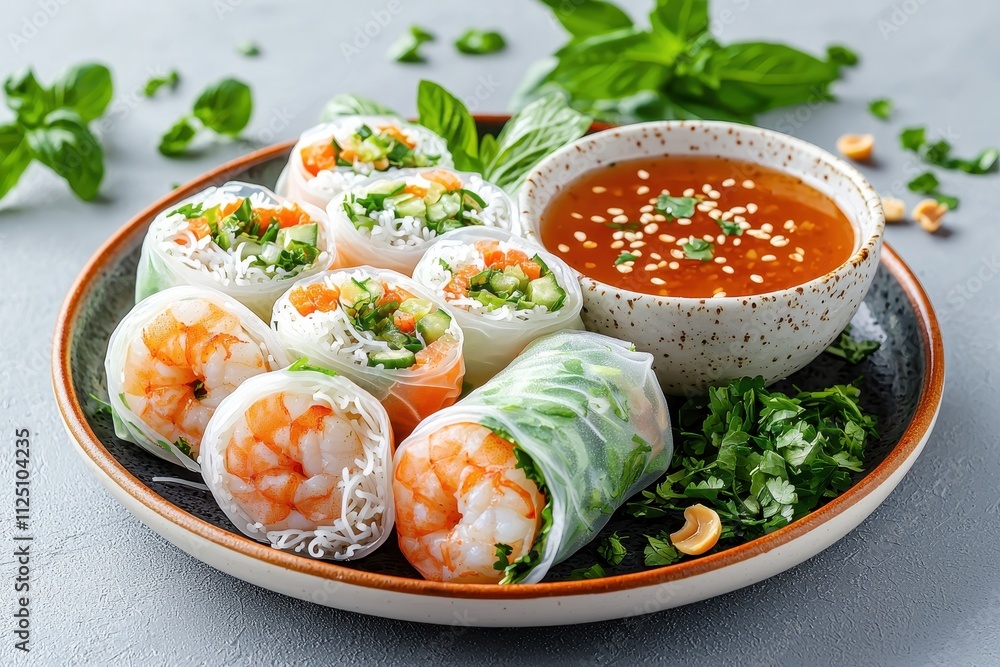 A vibrant platter of fresh spring rolls with shrimp, herbs, and a tantalizing dipping sauce, perfect for any meal. A vibrant platter of fresh spring rolls with shrimp, herbs, and a tantalizing dipping sauce, perfect for any meal.