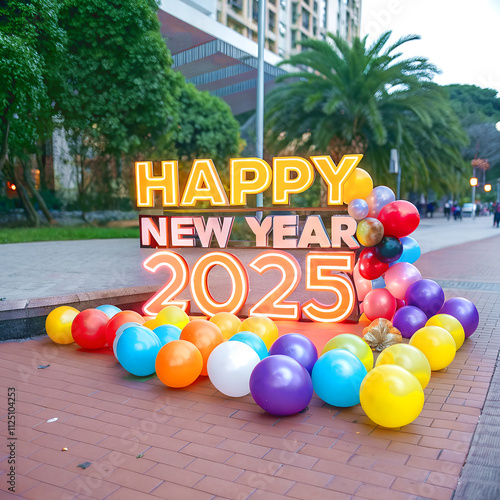 Happy New Year Festive Celebration of 2025 foil balloon 3d text effect	