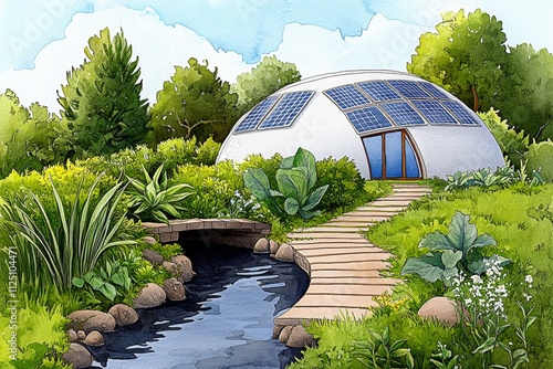 A dreamy watercolor depiction of a futuristic eco-village powered by solar panels, with pastel tones emphasizing harmony with nature photo