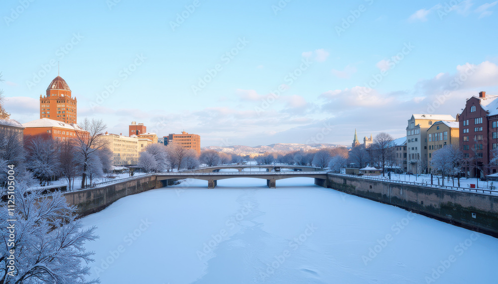 Fototapeta premium Scenic winter river with snow-covered banks and city skyline at sunset
