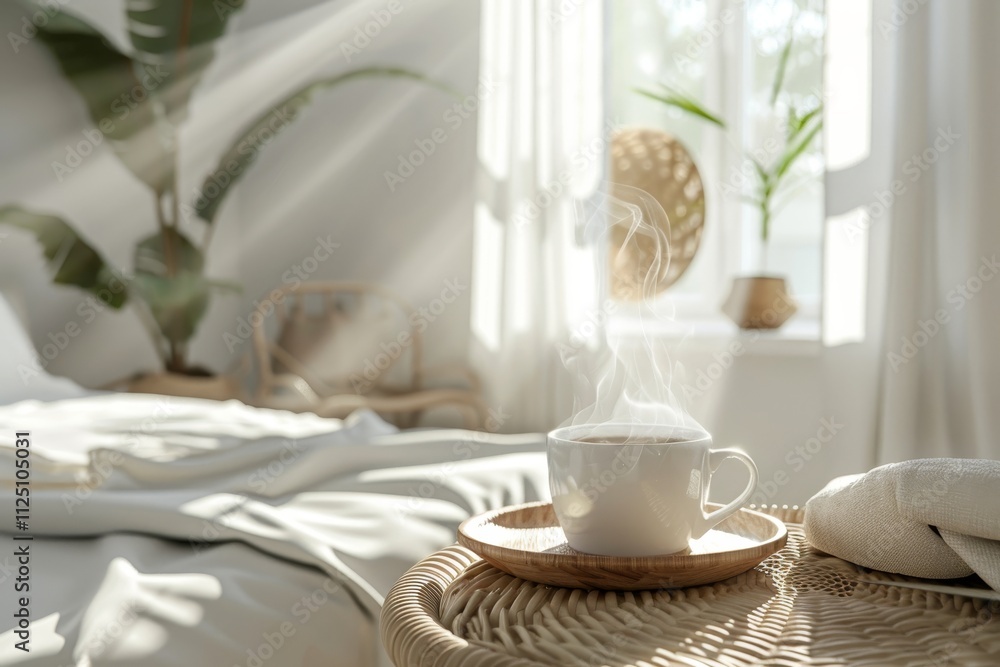 Morning ritual with steaming coffee in a cozy, sunlit Scandinavian style bedroom surrounded by greenery. Warm cup of coffee sits on a woven table. With copy space Morning ritual with steaming coffee in a cozy, sunlit Scandinavian style bedroom surrounded by greenery. Warm cup of coffee sits on a woven table. With copy space