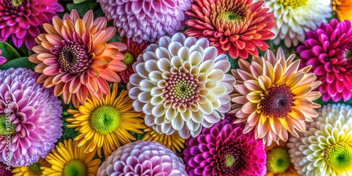 Colorful flowers in vibrant bloom showcasing intricate textures and patterns from a top view perspective