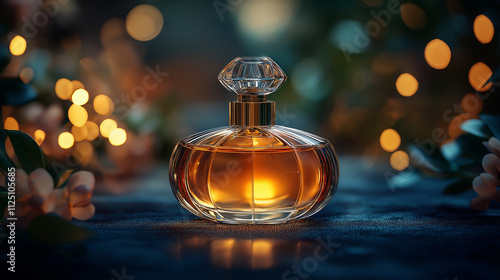 Elegant Luxury Perfume Bottle with Amber Tones and Romantic Evening Lighting