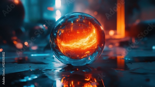 Crystal ball reflecting fiery orange and blue abstract light.