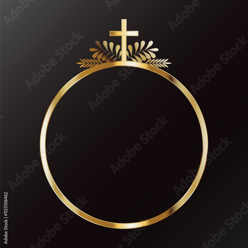 Round gold frame with Christian cross and plant leaves