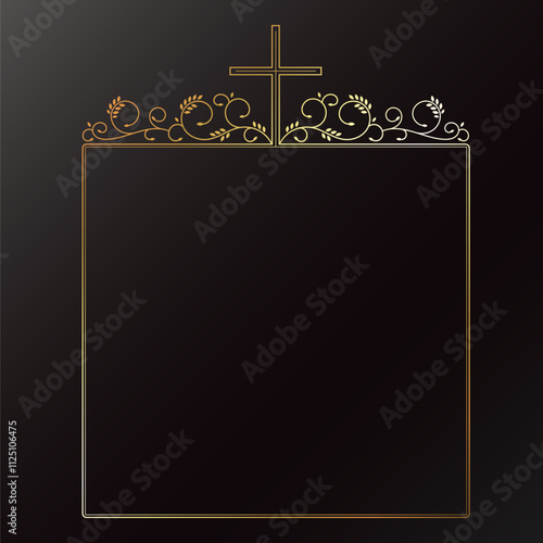 Golden square frame with Christian cross and floral patterns