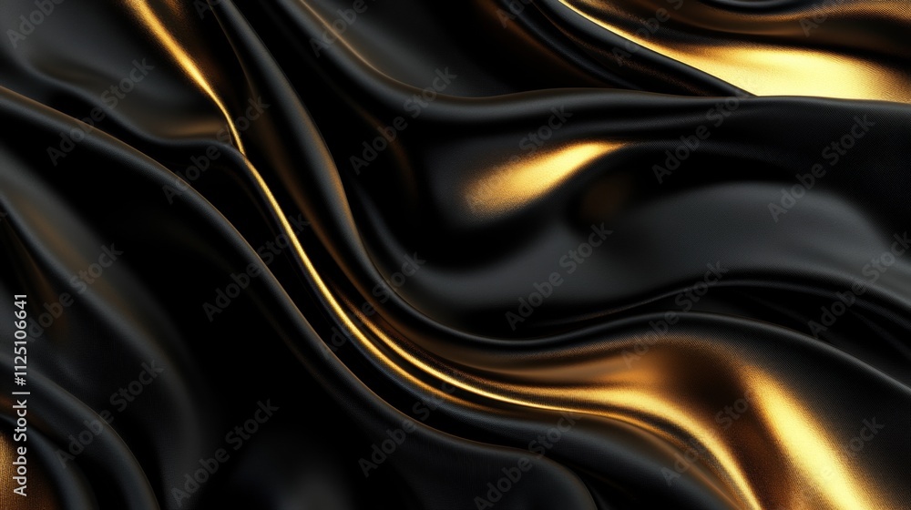 Fototapeta premium Luxurious black and gold silk fabric with smooth, flowing patterns and shiny textures.