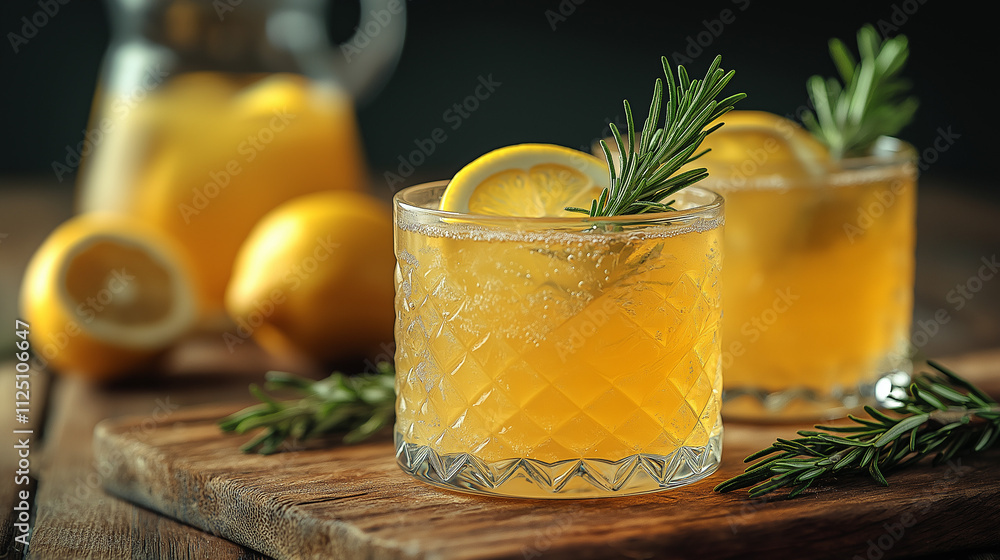 Fototapeta premium Homemade Lemonade with Rosemary in Crystal Glasses on Rustic Wooden Board 