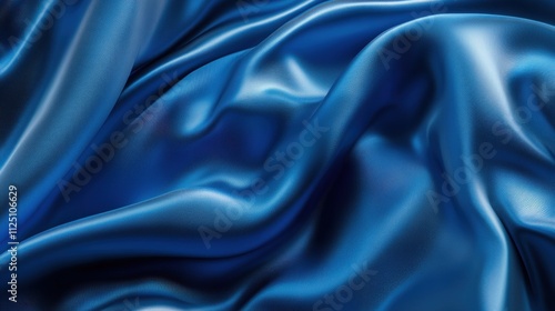 Close-up of luxurious blue satin fabric with elegant folds and a glossy finish.