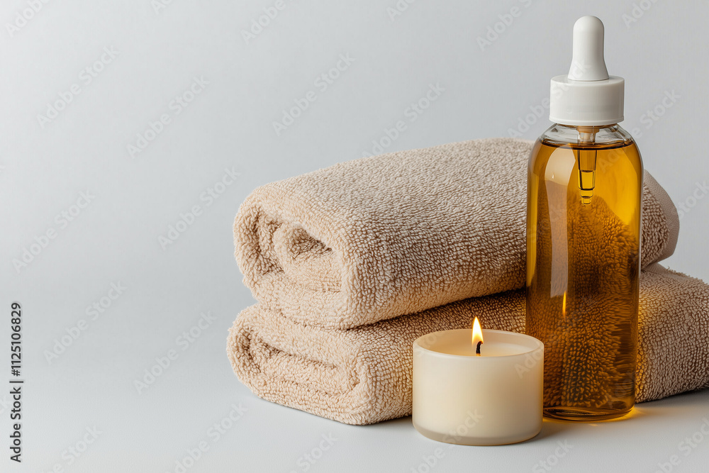 Soft towels, glowing candle, and essential oil create serene atmosphere for self care and relaxation. Perfect for spa like experience at home Soft towels, glowing candle, and essential oil create serene atmosphere for self care and relaxation. Perfect for spa like experience at home