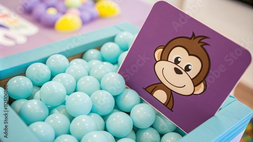 Cute cartoon monkey head positioned in a vibrant purple square, surrounded by playful light blue spheres, ideal for children's themes and fun designs, with ample copy space for text. photo