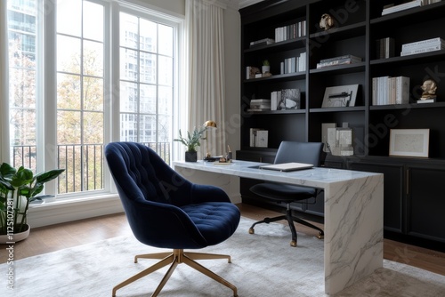 A sophisticated workspace featuring a navy velvet chair, minimalist marble desk, and black shelves, designed for a stylish and productive environment. photo