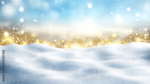 Winter Wonderland. Festive Snowy Landscape With Snowdrifts And Golden Christmas Lights.