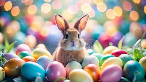 Cute Easter Rabbit Surrounded by Colorful Eggs for a Festive Greeting Card with Ample Copy Space for Personal Messages and Celebrations in Drone Photography Style