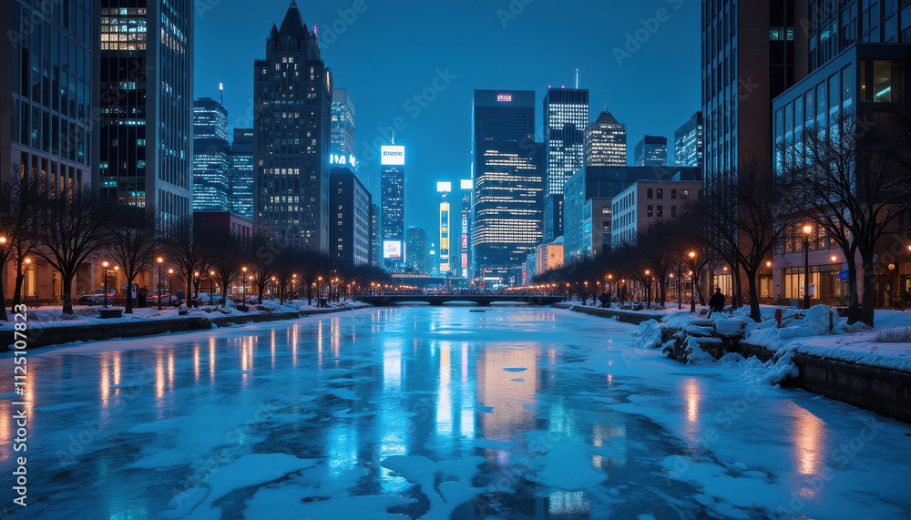 Fototapeta premium Winter cityscape with a frozen river and skyscrapers in a cold urban environment 