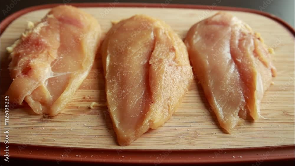 Close-Up of Seasoning Raw Chicken Breast on Wooden Board Close-Up of Seasoning Raw Chicken Breast on Wooden Board