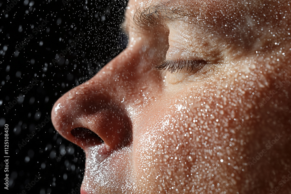 serene close up of person misting their face, capturing droplets of water glistening on skin, evoking refreshing and calming atmosphere serene close up of person misting their face, capturing droplets of water glistening on skin, evoking refreshing and calming atmosphere
