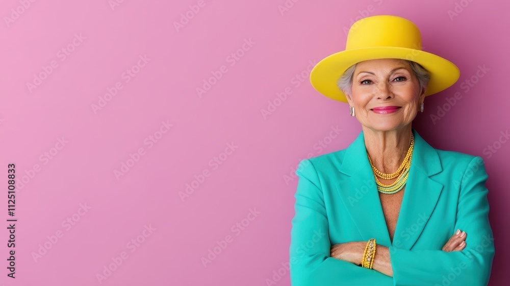 An older woman in a vibrant turquoise suit and yellow hat smiles radiantly against a pink background, celebrating bold and colorful fashion. An older woman in a vibrant turquoise suit and yellow hat smiles radiantly against a pink background, celebrating bold and colorful fashion.