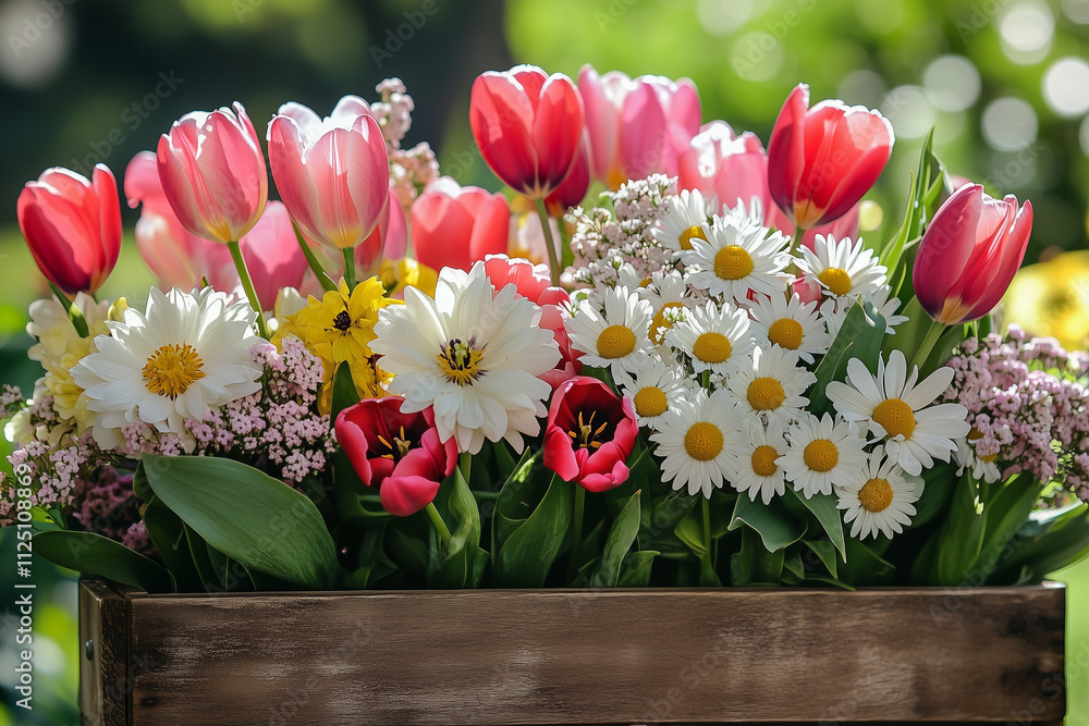 Colorful Flowers in Wooden Crate Colorful Flowers in Wooden Crate