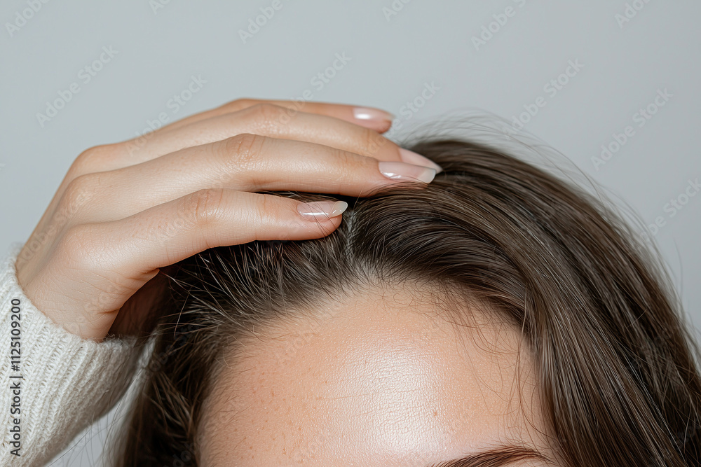 Naklejka premium Gentle fingers pressing along scalp, showcasing close up of hair and skin texture. serene moment of self care and relaxation