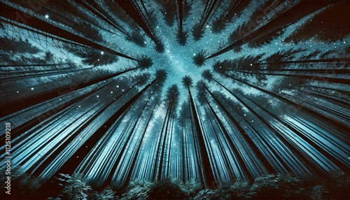 the starry nightsky in the woods from a worm´s eye view photo