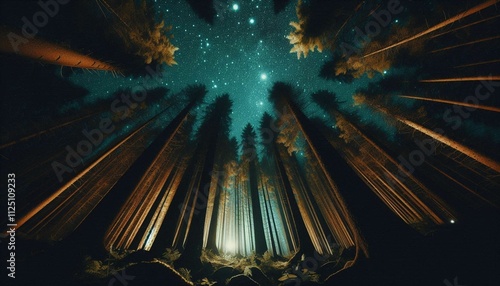 the starry nightsky in the woods from a worm´s eye view photo